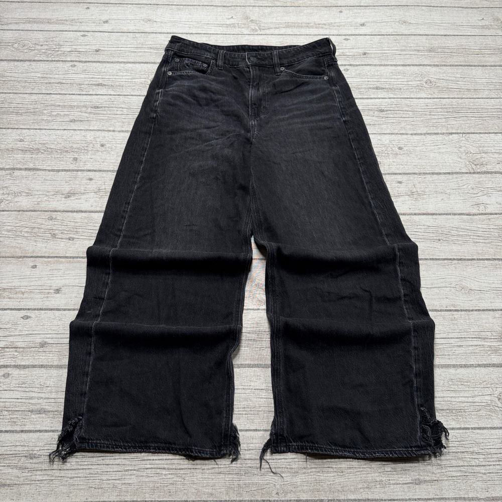 American Eagle Jeans Women's 6 Black Denim High Rise Wide Leg Baggy Distressed